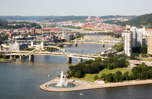 Aerial view of Pittsburgh city with bridges and river landscape
