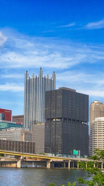 Pittsburgh city skyline with skyscrapers and river view on a clear day