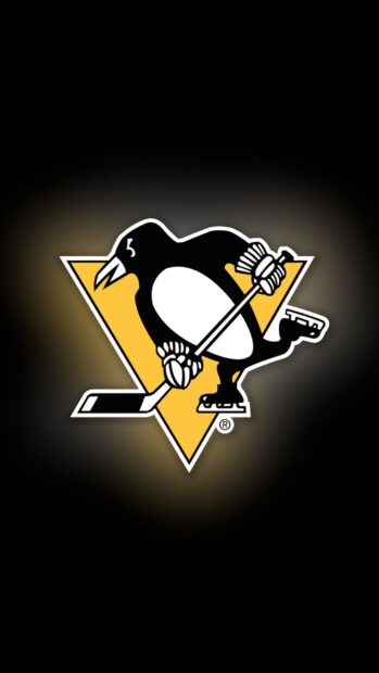 Black and white penguin playing hockey on a yellow triangle Pittsburgh logo