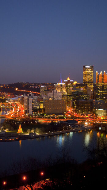 Night view of Pittsburgh cityscape with Christmas tree near riverfront