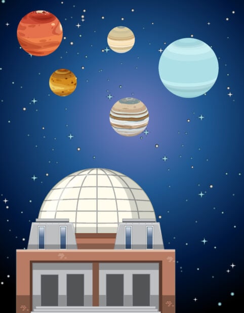 The planetarium dome with various planets floating in the starry night sky