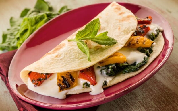 A plate holding a folded flatbread with grilled vegetables and creamy sauce on a red plate