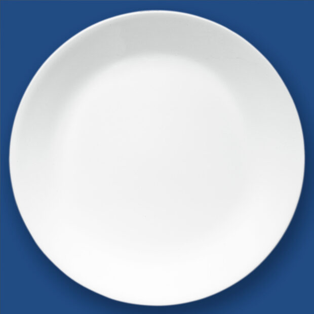 A clean white plate isolated on a solid blue background with plate in the center