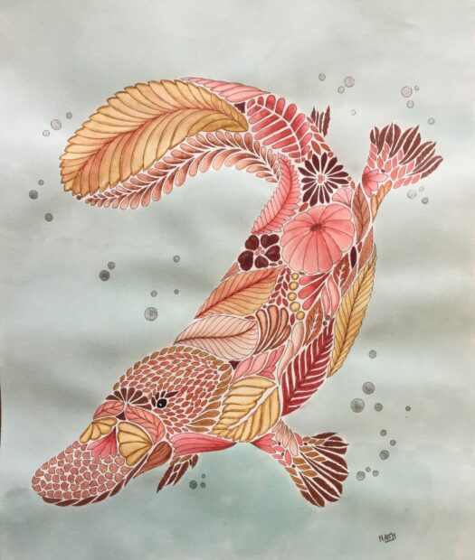 A colorful platypus composed of floral and leaf patterns swimming underwater