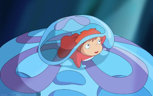 Ponyo swimming under water with a curious look in a blue ocean environment