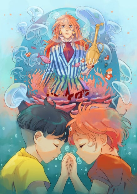 A fantasy underwater scene with two children touching hands and a mysterious figure holding a vessel surrounded by sea creatures