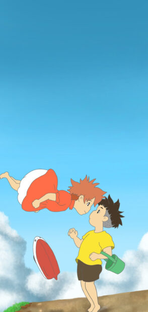 Ponyo flying over the boy holding a green bucket under a clear blue sky