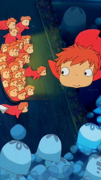Multiple Ponyo creatures swimming underwater near jellyfish in a vibrant underwater scene