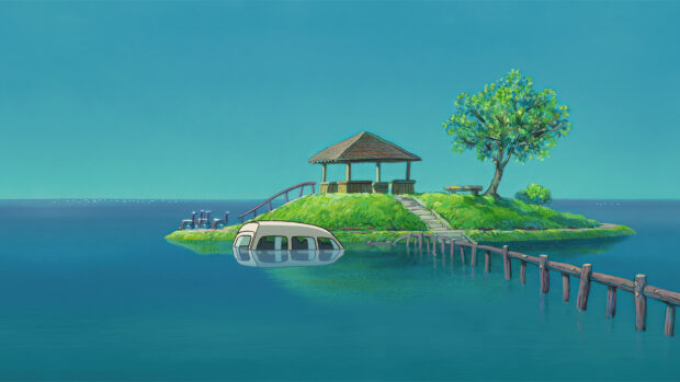 A small island with a wooden gazebo and a tree near a submerged van in calm blue waters