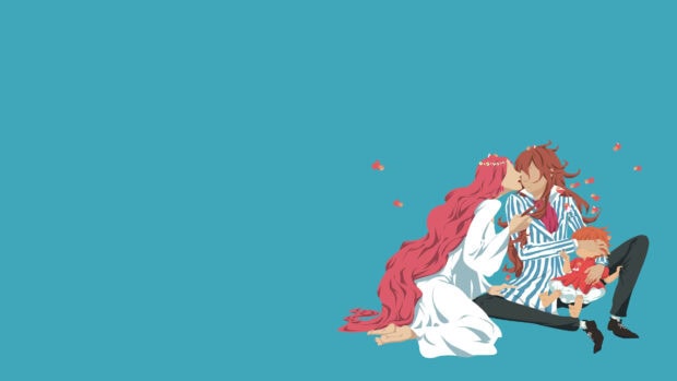 A family from Ponyo sitting together with a woman kissing a man on the cheek on a blue background