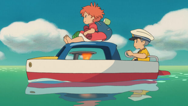 Ponyo and Sosuke riding a boat on calm water with a cloudy sky background
