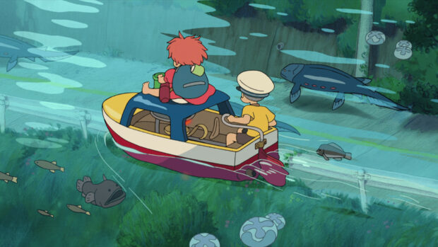 Ponyo and Sosuke riding a boat underwater with various fish swimming around them