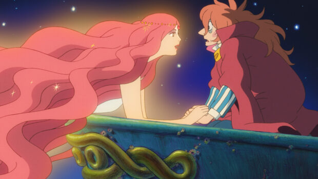 Ponyo and Sosuke sharing a magical moment on a boat at night in an animated scene
