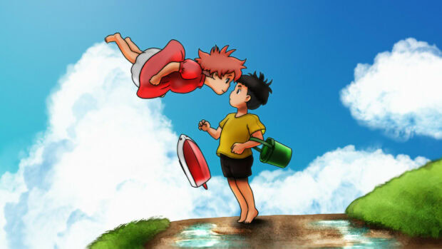 Ponyo girl floating and boy standing on a path with a green bucket and toy boat