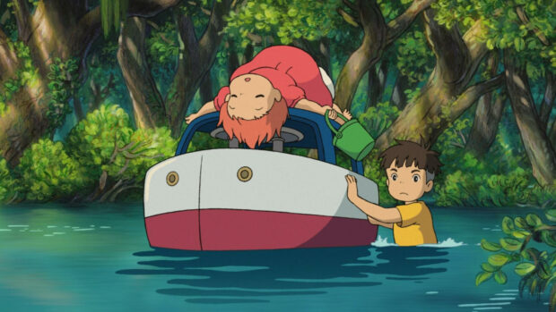Ponyo girl leaning on a boat while a boy stands in the water near a forest
