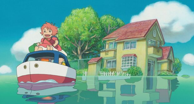 Ponyo girl smiling on a boat near a house reflected in the water