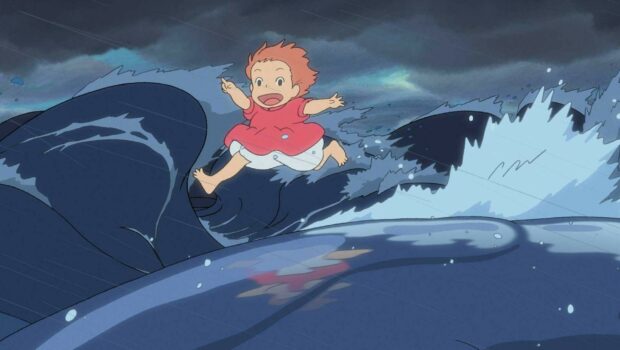 Ponyo happily jumping on a whale in the ocean scene from the animated movie Ponyo