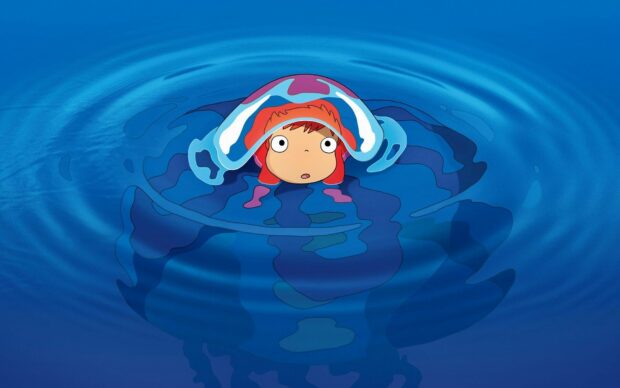 Ponyo peeking out of the water with a jellyfish like shell above her head