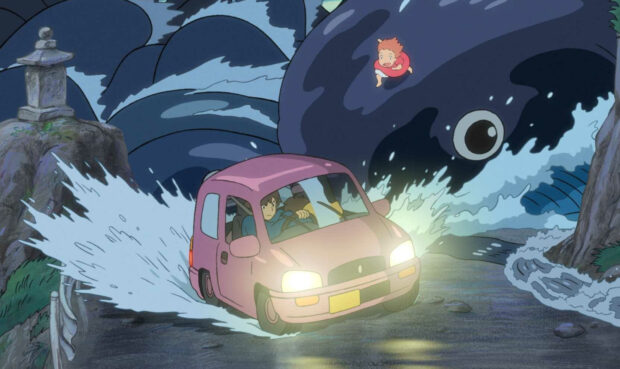 Ponyo riding a large fish while a car drives through water on a narrow rocky road