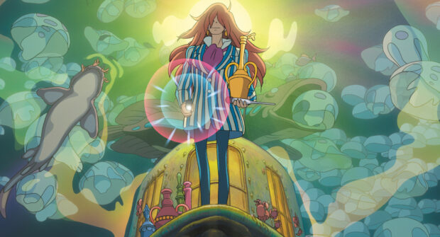 A character from Ponyo holding a golden vase with underwater creatures around