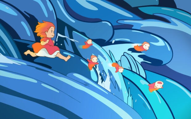 Ponyo running joyfully among water spirits on a flowing blue river
