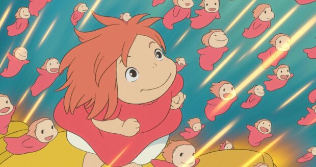 Ponyo smiling and flying with many small Ponyo characters in a bright blue sky