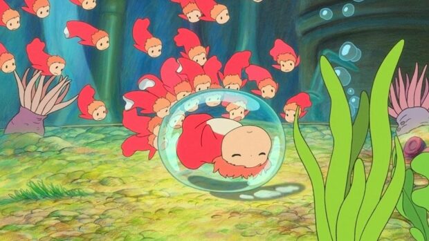 Ponyo surrounded by small fish swimming underwater in a vibrant aquatic scene