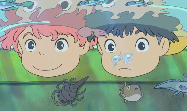 Two characters from Ponyo with underwater creatures and bubbles around their heads