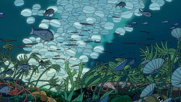 Underwater scene with fish and seaweed in Ponyo animation