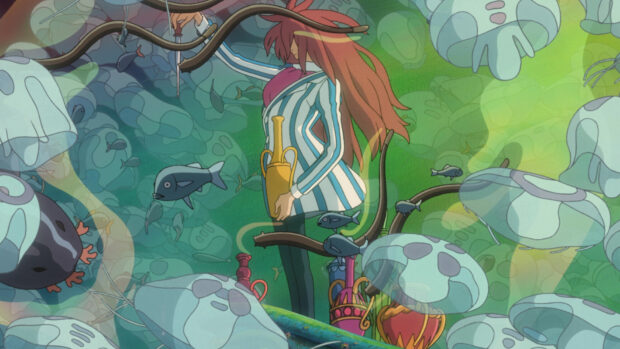 A character with long hair holding a vase underwater surrounded by fish and jellyfish in Ponyo