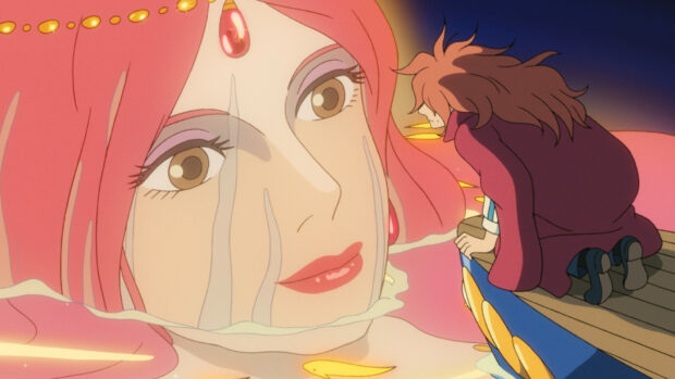A man kneeling on a boat near a giant pink haired woman floating in water with goldfish around