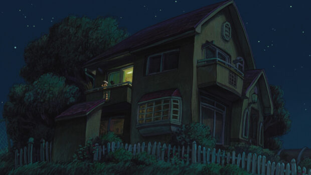 A quiet house at night with a person looking from the balcony in Ponyo