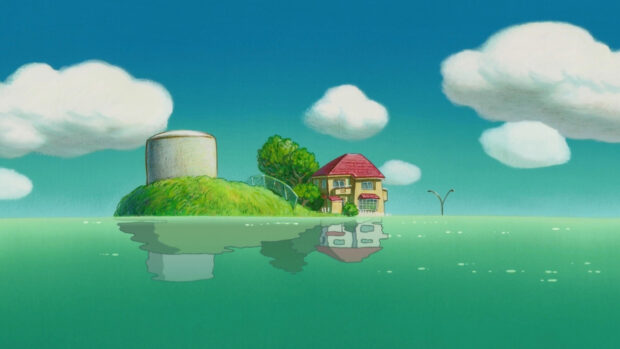 A small island with a house and water tank reflecting on the calm sea in Ponyo
