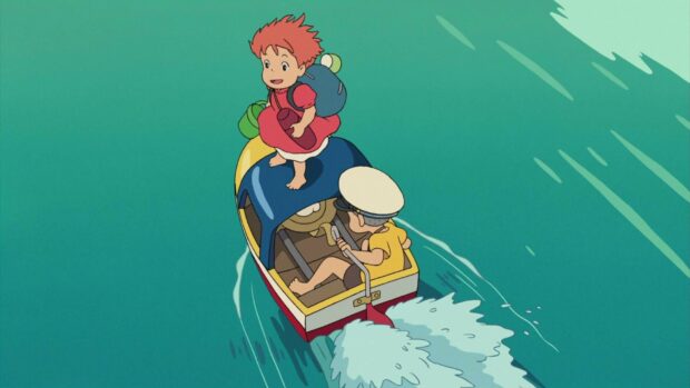 Ponyo and a friend riding a small boat across clear water in a bright scene