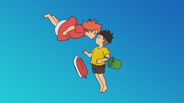 Ponyo and Sosuke floating underwater with a blue background