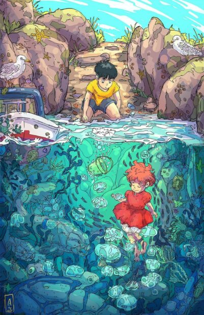 A boy watching a girl underwater in a colorful ocean scene surrounded by jellyfish and sea creatures