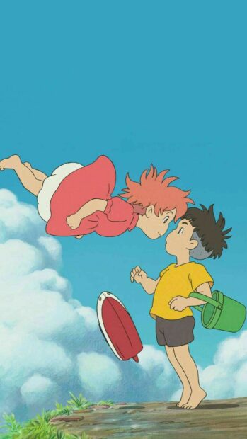 Ponyo and a boy sharing a moment with a wooden bucket and boat by the clouds