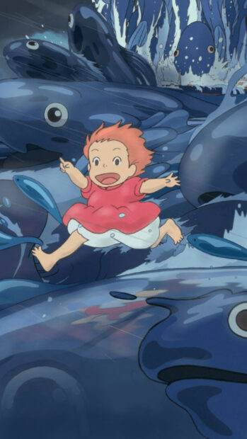 Ponyo happily jumping over large blue fish in the ocean