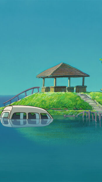 A calm scene with a gazebo on a green hill and a submerged vehicle near the water in Ponyo