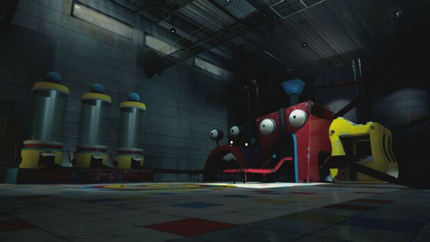 Dark factory interior with poppy playtime machines and components