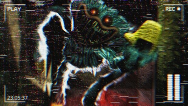 The creature Huggy Wuggy from Poppy Playtime appears on a vintage TV screen