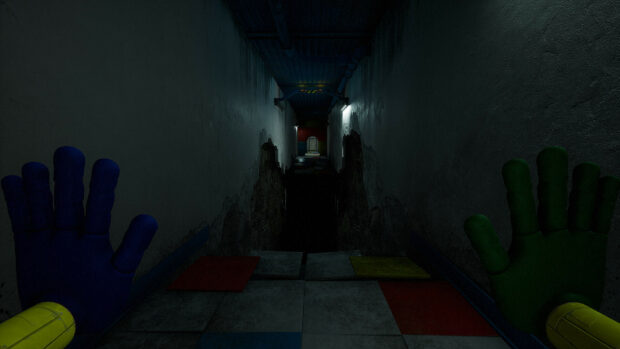 A first person view of a dark hallway with colorful robotic hands in a horror setting