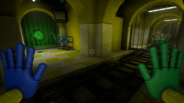 A first person view showing robotic hands exploring a dimly lit underground passage in Poppy Playtime