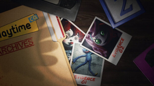 A Poppy Playtime folder with character photos and evidence tags on a wooden table