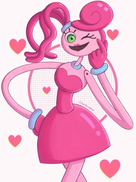 Huggy Wuggy character from Poppy Playtime with pink dress and hearts