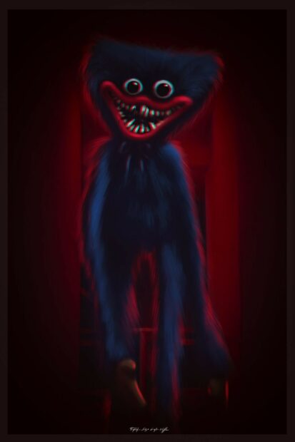 The creature from Poppy Playtime stands in a dark red room with glowing eyes and sharp teeth