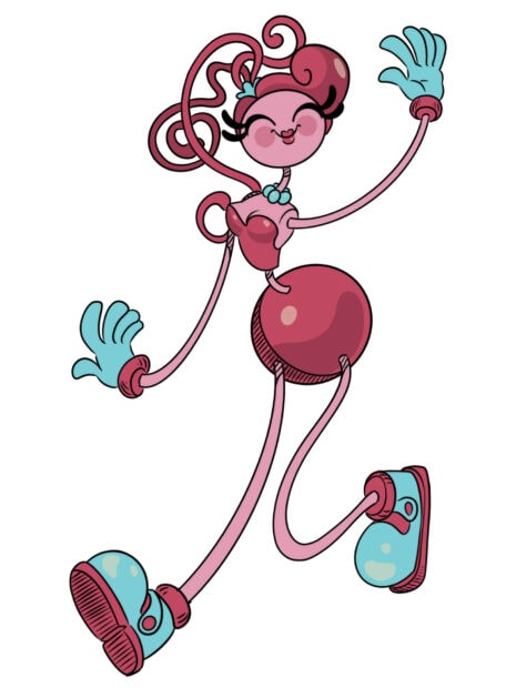 A cheerful Poppy Playtime character with pink body and blue shoes waving happily
