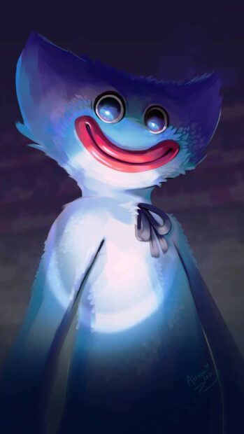 The Poppy Playtime character Huggy Wuggy stands with a bright smile and large eyes in dark lighting