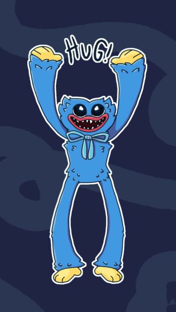 Hugging blue creature from Poppy Playtime game with yellow gloves and bow