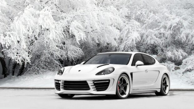 White Porsche Panamera parked on a snowy road with snow covered trees in the background